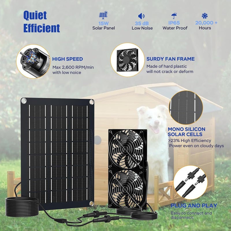 MARBERO 4.7 Inch Solar Powered Fan Kit, 15W Solar Panel with 2 Waterproof Fans, Intake or Exhaust Air Fan wtih 13 Ft Cable for Outside Backyard Chicken Coops, Greenhouses, Dog Houses, Pet Houses - Image 4